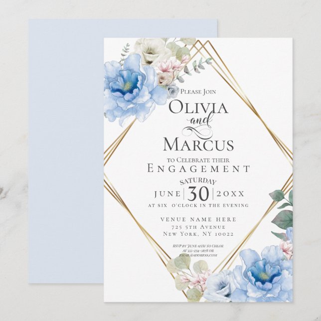 Invitación COMPROMISO | Flores de color azul tropical (Anverso / Reverso)