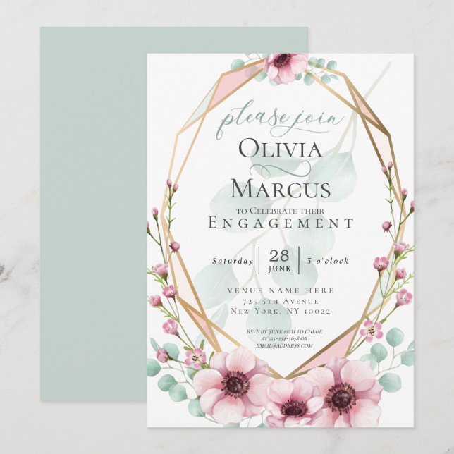 Invitación Compromiso Flores de Primavera Frescas y Foliage (Anverso / Reverso)
