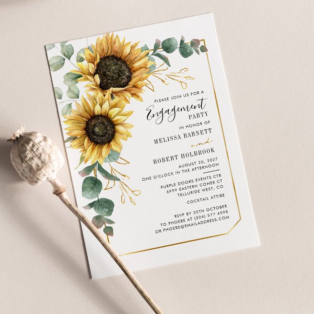 Invitación Compromiso Geométrico del Oro del Eucalipto del gi (Floral Sunflower Eucalyptus Greenery Wedding Engagement Party Invitation)