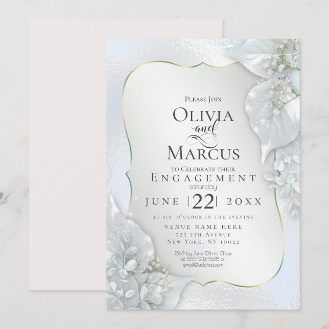 Invitación COMPROMISO | Icy Blue Shimmer Leaks (Anverso / Reverso)