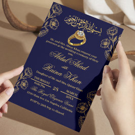Invitación Compromiso Islámico Musulmán Azul Floral y Dorado