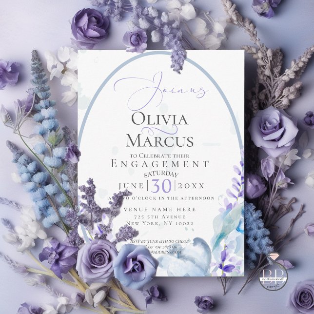 Invitación COMPROMISO | Lavanda acuarela - Azul turbio (Announce your engagement with this delightful  lavender and blue wild flower invitation)