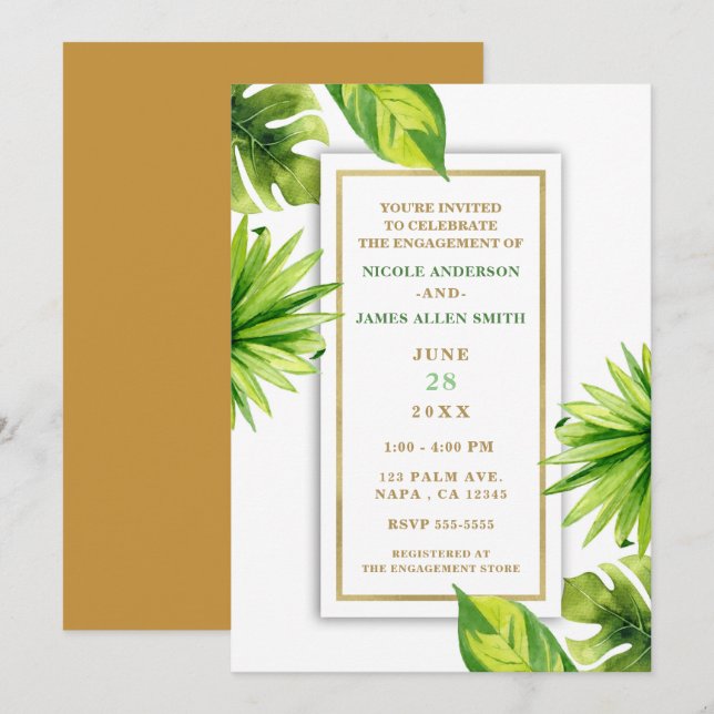 Invitación Compromiso moderno mínimo de hojas verdes tropical (Anverso / Reverso)
