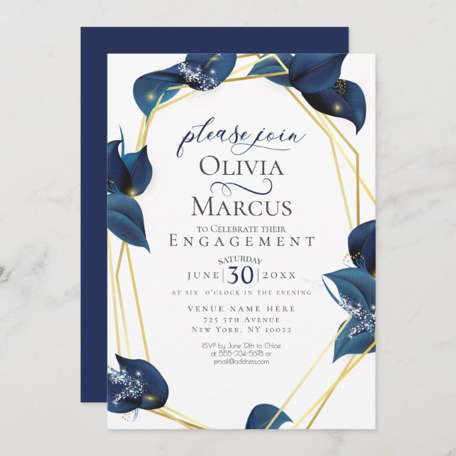 Invitación Compromiso moderno y profundo índigo azul y oro (Anverso / Reverso)