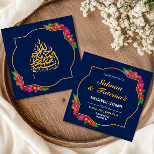 Invitación Compromiso Musulmán Islámico Floral Azul Oscuro