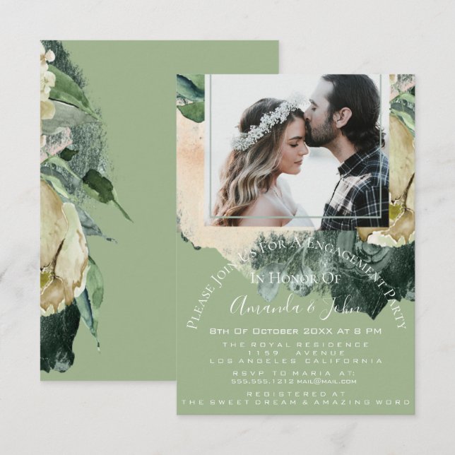 Invitación Compromiso Partido Bridal Shower Foto Mint Floral (Anverso / Reverso)