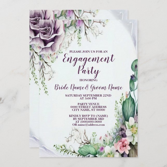 Invitación Compromiso Partido Foliage Verde Morado Floral (Anverso / Reverso)