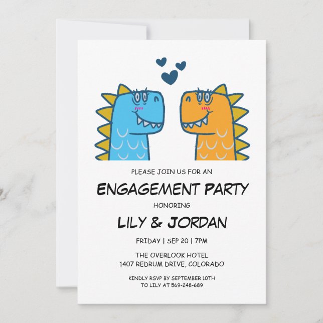 Invitación Compromiso personalizado de pareja de dinosaurios (Anverso)