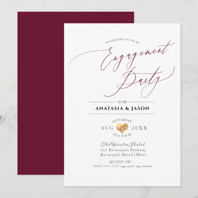 Invitación Compromiso PixDezines Burgundy Luxe Caligraphy (Anverso / Reverso)