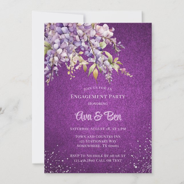 Invitación Compromiso Purpurina Wisteria de Lavanda Púrpura d (Anverso)