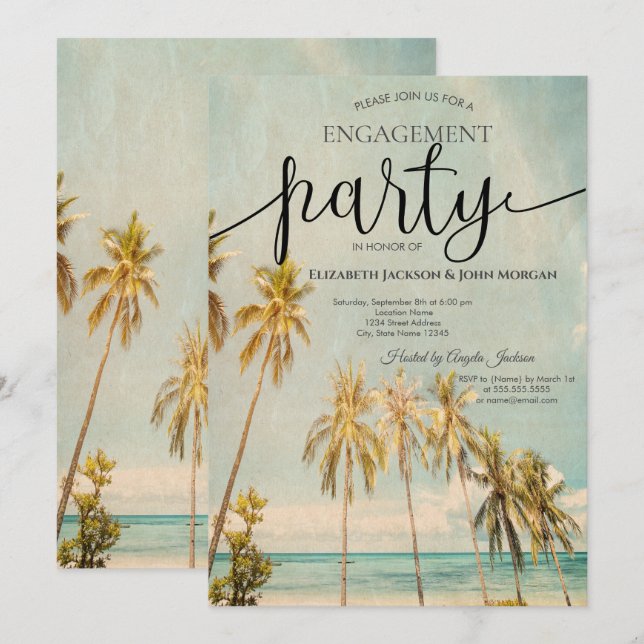 Invitación Compromiso Retro Beach Palms   (Anverso / Reverso)