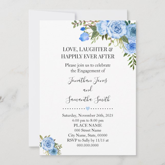 Invitación Compromiso romántico con moda floral azul (Anverso)