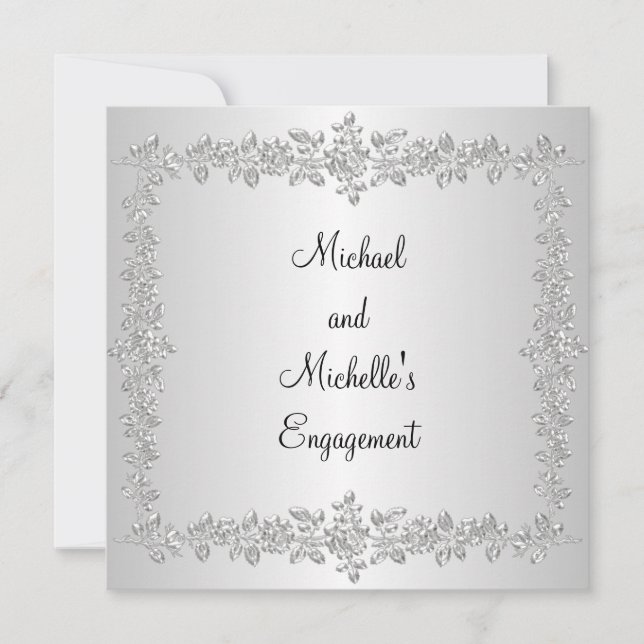 Invitación Compromiso Rosas de Metal Plateado y Negro Blanco (Anverso)