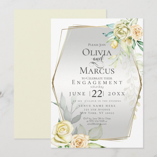Invitación COMPROMISO | Rosas de Rubor marfil-amarillo acuare (Anverso / Reverso)