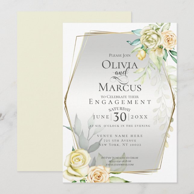 Invitación COMPROMISO | Rosas de Rubor marfil-amarillo acuare (Anverso / Reverso)