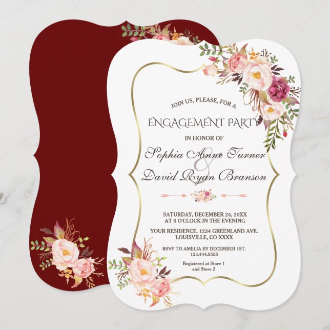 Invitación Compromiso Royal Gold Rubor Pink Floral Burgundy (Anverso / Reverso)