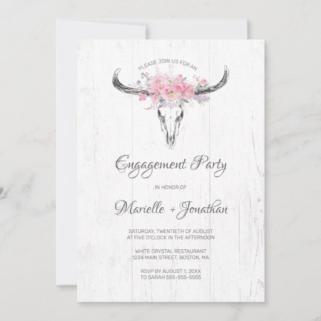 Invitación Compromiso Rústico De Boho Floral Blanco De La Cal (Anverso)
