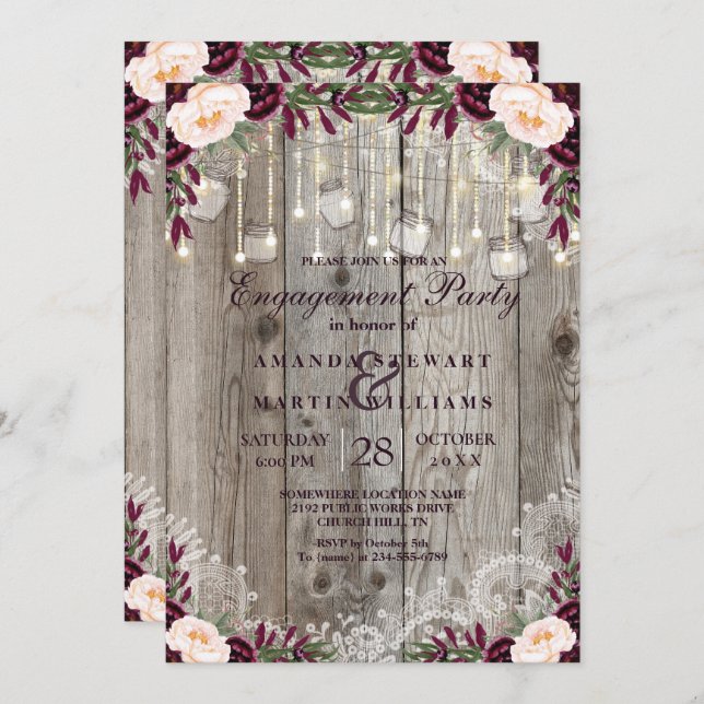 Invitación Compromiso Rústico De Lace Jar Wood & String Light (Anverso / Reverso)