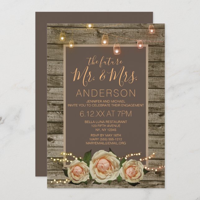 Invitación Compromiso Rústico Floral Mason Jar String Light (Anverso / Reverso)