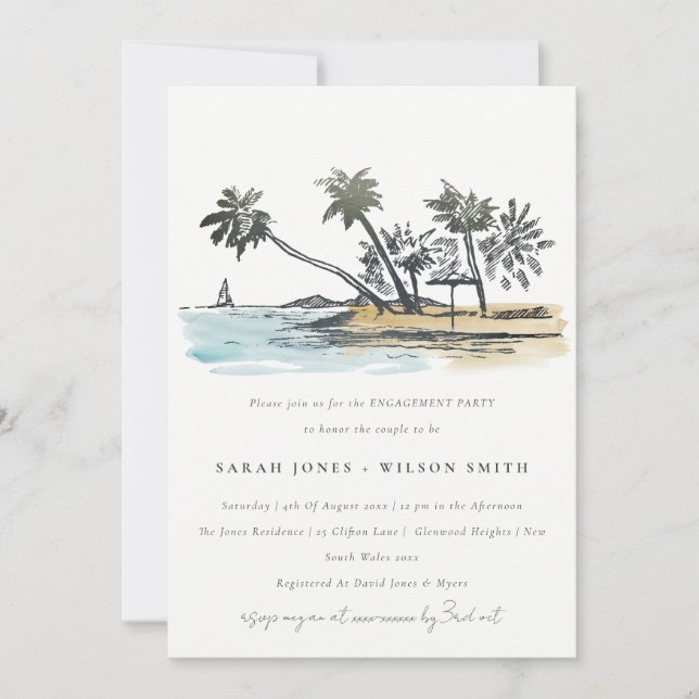Invitación Compromiso Rústico Tropical Beach Palm Tree Sketch (Anverso)
