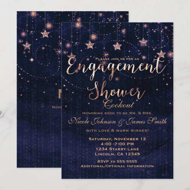 Invitación Compromiso Shower Starry Night Purple & Gold (Anverso / Reverso)