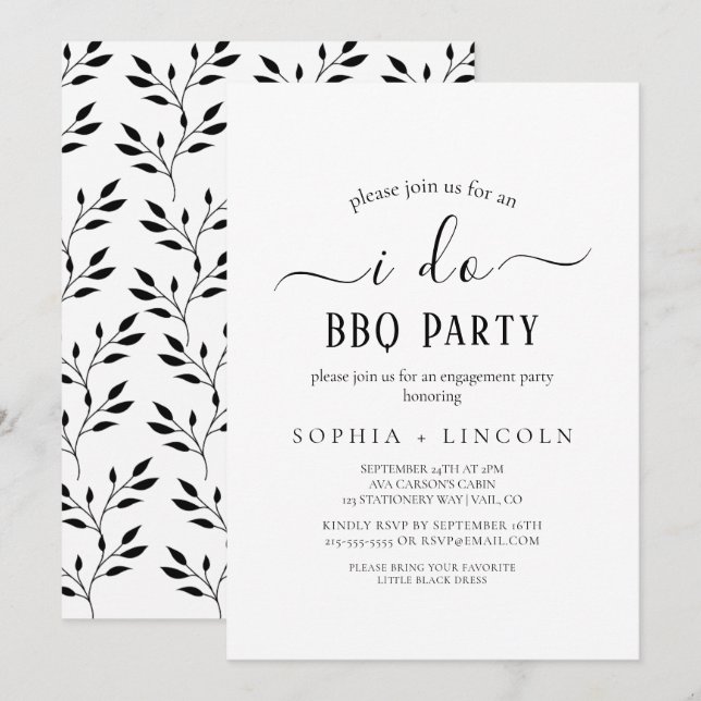 Invitación Compromiso simple de caligrafía negra "I Do BBQ" (Anverso / Reverso)