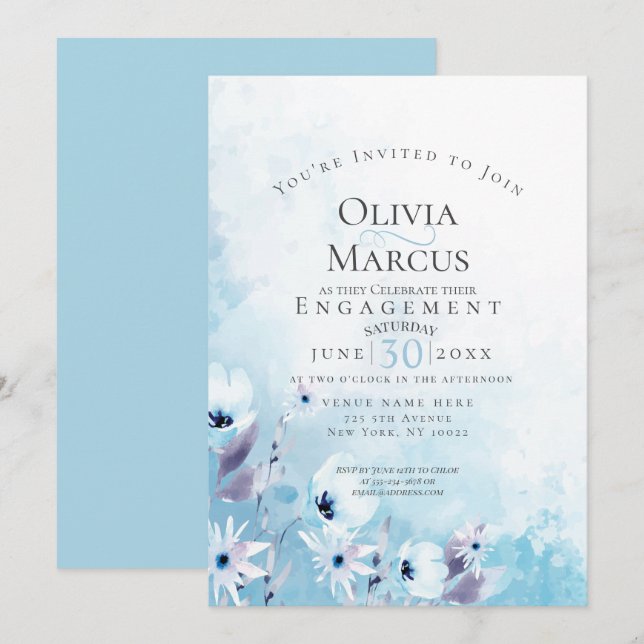 Invitación COMPROMISO | Watercolor Sky Blue Anemone Garden (Anverso / Reverso)