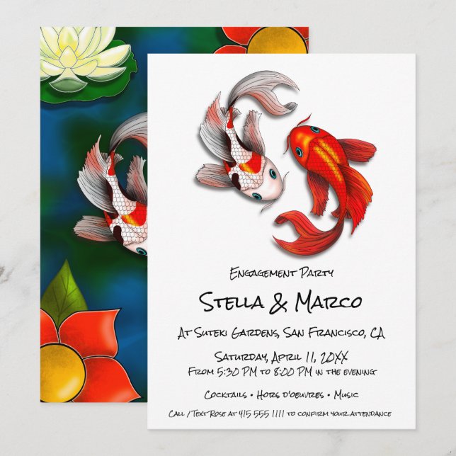 Invitación Compromiso Yin Yang Koi Fish Fiesta del Jardín Jap (Anverso / Reverso)