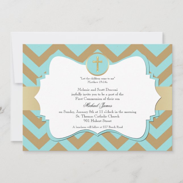 Invitación Comunicacion de Chevron Cross Boy Blue y Gold (Anverso)