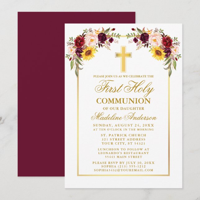 Invitación Comunión acuarela mixta de oro floral (Anverso / Reverso)