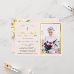 Invitación Comunión clásica de champán y fotografía de oro
