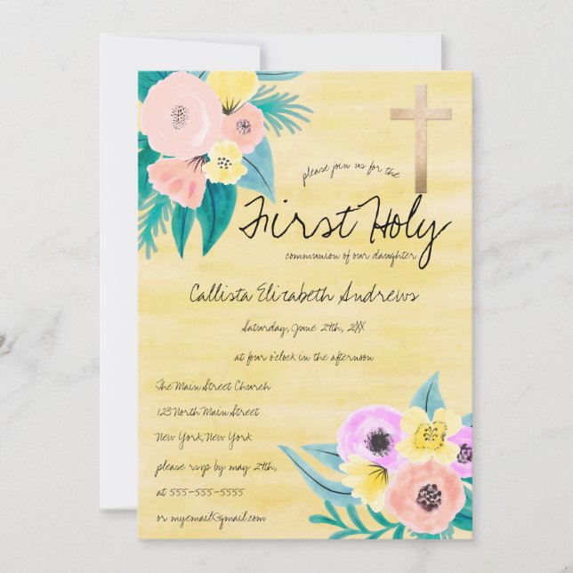 Invitación Comunión de acuarela floral de coral amarillo de p (Anverso)