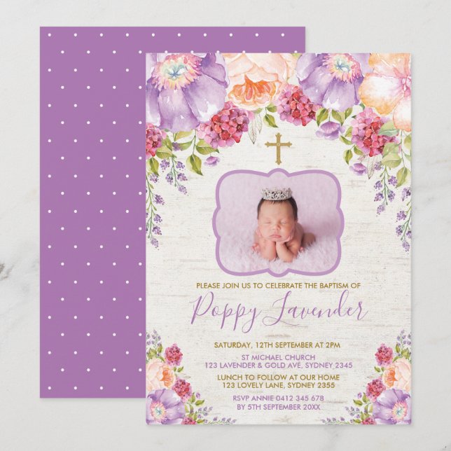 Invitación Comunión de bautismo floral violeta púrpura (Anverso / Reverso)