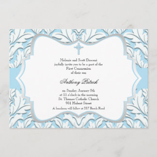 Invitación Comunión de Damasco azul y blanco