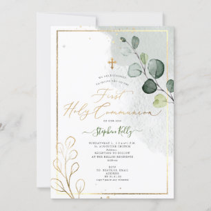 Invitación Comunión de eucalipto ruso de color de agua de Pix