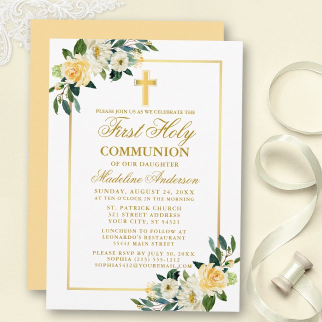 Invitación Comunión de floral blanca amarilla (Customize to change text color, text style or color of back of card.)
