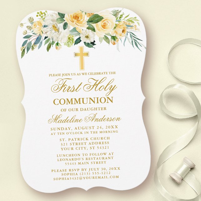 Invitación Comunión de floral blanca amarilla (Customize to change text size, style, color or to add more text or photos to back of card.)