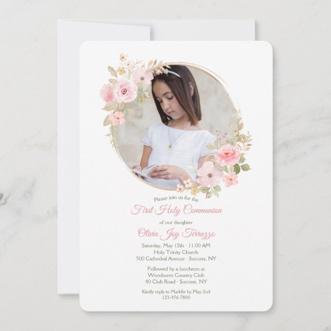 Invitación Comunión de Foto Floral Rosa Suave (Anverso)