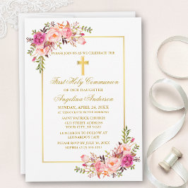 Invitación Comunión de la Cruz de Oro Floral Rosa de Acuarela