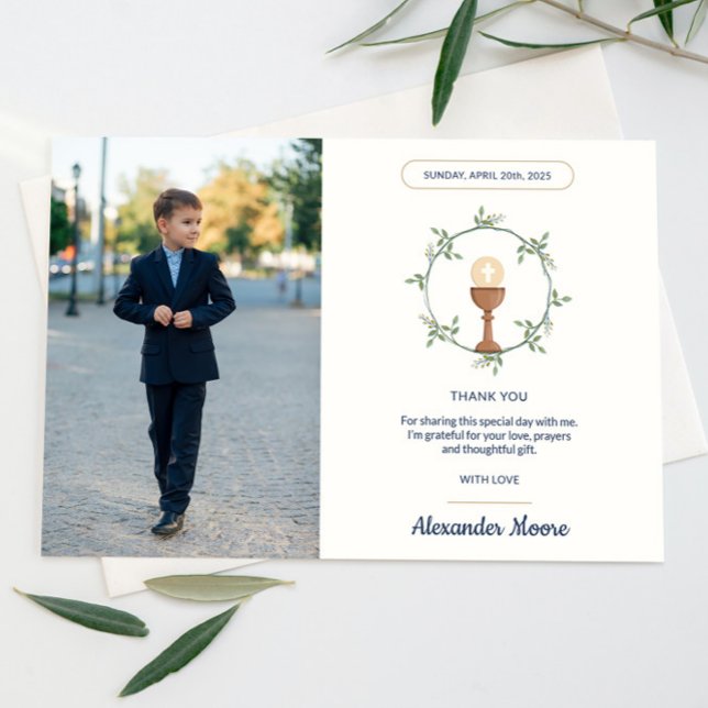 Invitación Comunión de la floración lateral Wreath Photo Grac (First Communion reminder with Photo and Floral Wreath)