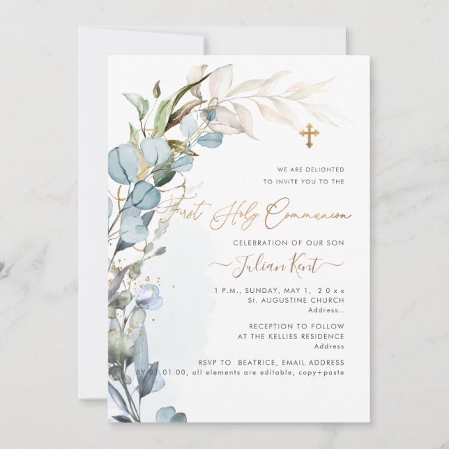 Invitación Comunión de la fusión de la goma azul turbia H2 de (Anverso)
