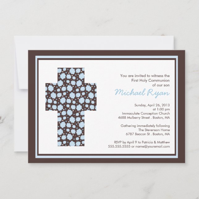 Invitación Comunión de los chicos de la moderna cruz azul mar (Anverso)