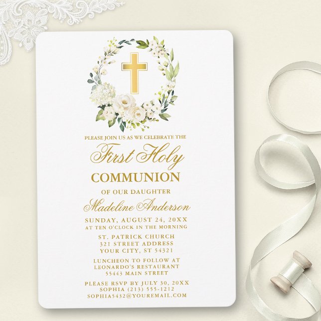 Invitación Comunión de oro de flor blanca acuarela (Customize to change text color, size, style or to add photos or more text to back of card.)
