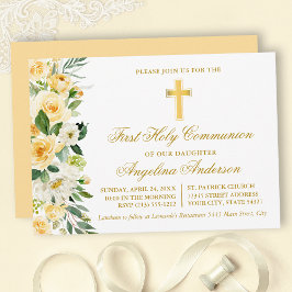 Invitación Comunión de oro floral amarillo acuarela