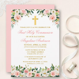 Invitación Comunión de oro floral blanca de color rosa