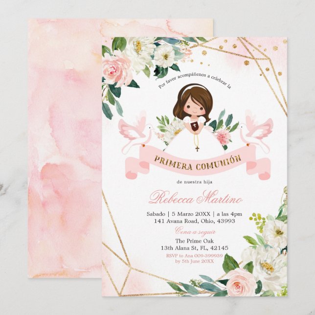 Invitación Comunión de Primera Chica floral española rosa y d (Anverso / Reverso)