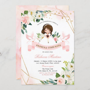 Invitación Comunión de Primera Chica floral española rosa y d