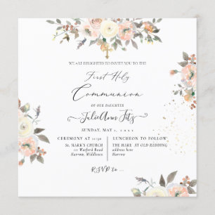 Invitación Comunión de Rosas Rubor+Crema de color de agua de 