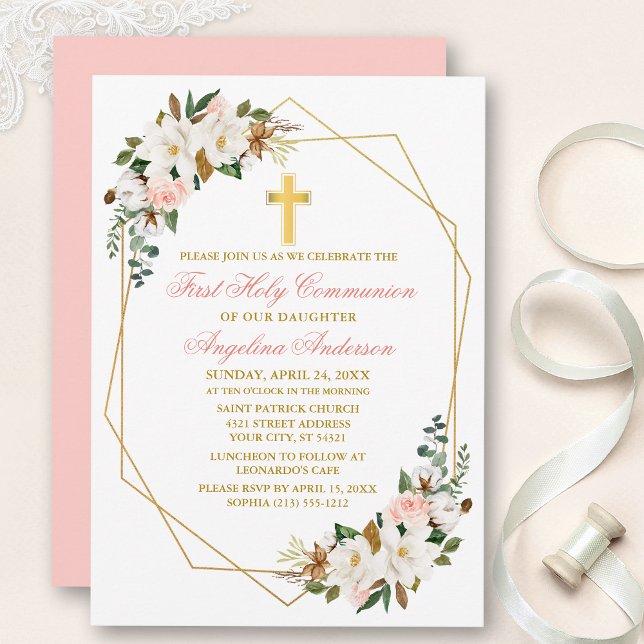 Invitación Comunión de tramas geométricas de acuarela Rosas d (Customize to change text color, size, style or to change color of back of card.)