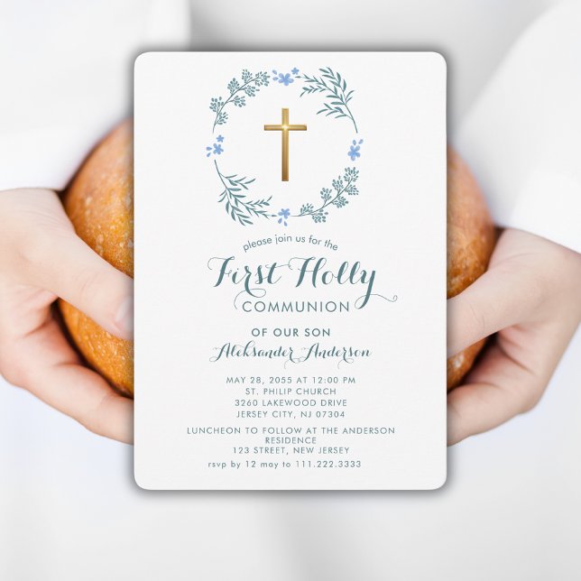 Invitación Comunión de Wreath Boy Botánico First Holly (Subido por el creador)